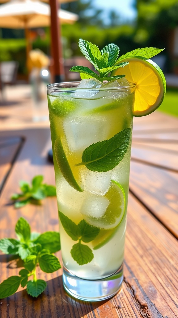 A refreshing Tequila Mojito with mint and lime, served in a tall glass on a wooden table.